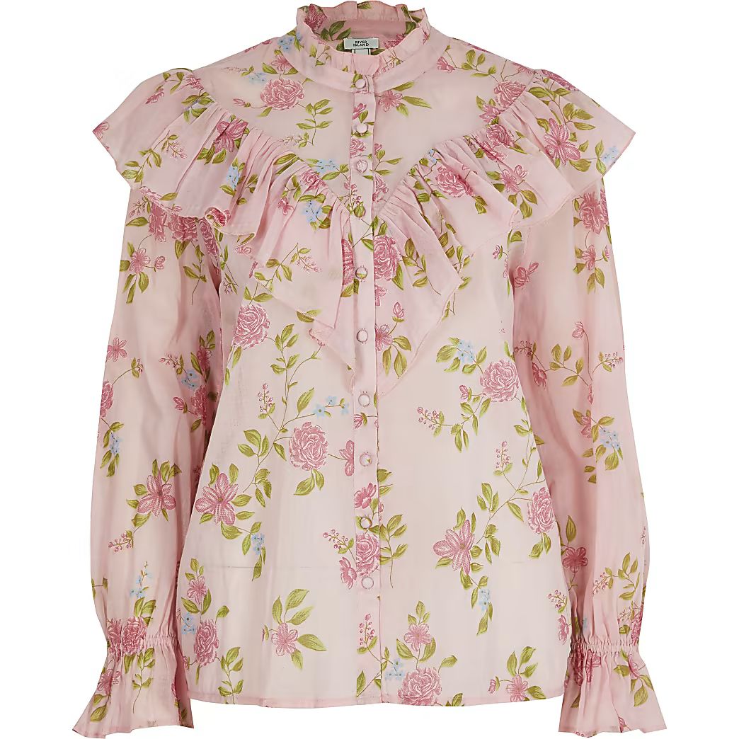 Pink floral ruffle blouse | River Island (US)