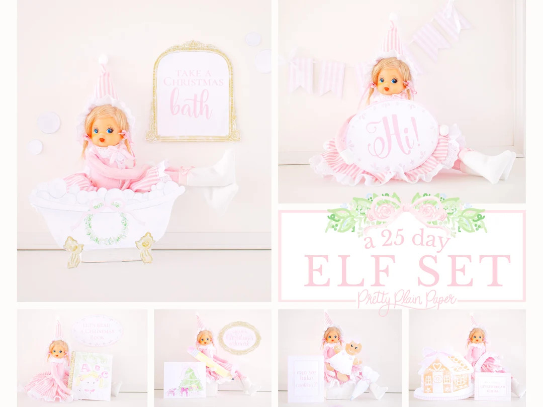 A Complete 25 Day Elf Set in Pink | Watercolor Pink and White Elf Kit | Elf Activity Kit | Comple... | Etsy (US)