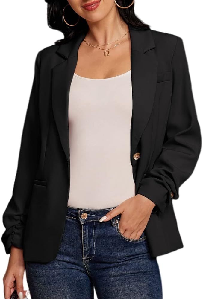 LIUMILAC Women One Button Blazer Ruched Sleeve Open Front Jacket Coat with Pocket | Amazon (US)