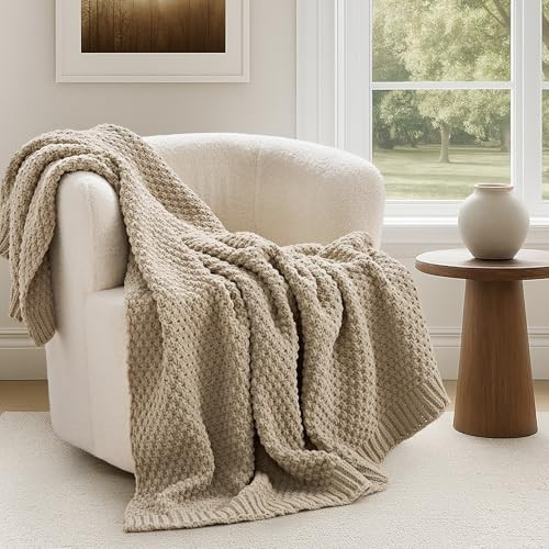 EVERGRACEHOME Chunky Chenille Knit Throw Blanket for Couch, Soft Luxurious Moss Stitch Blankets for Bed, Cozy Decorative Farmhouse Knitted Throws for Sofa, Sand Dune, 50" x 60" | Amazon (US)