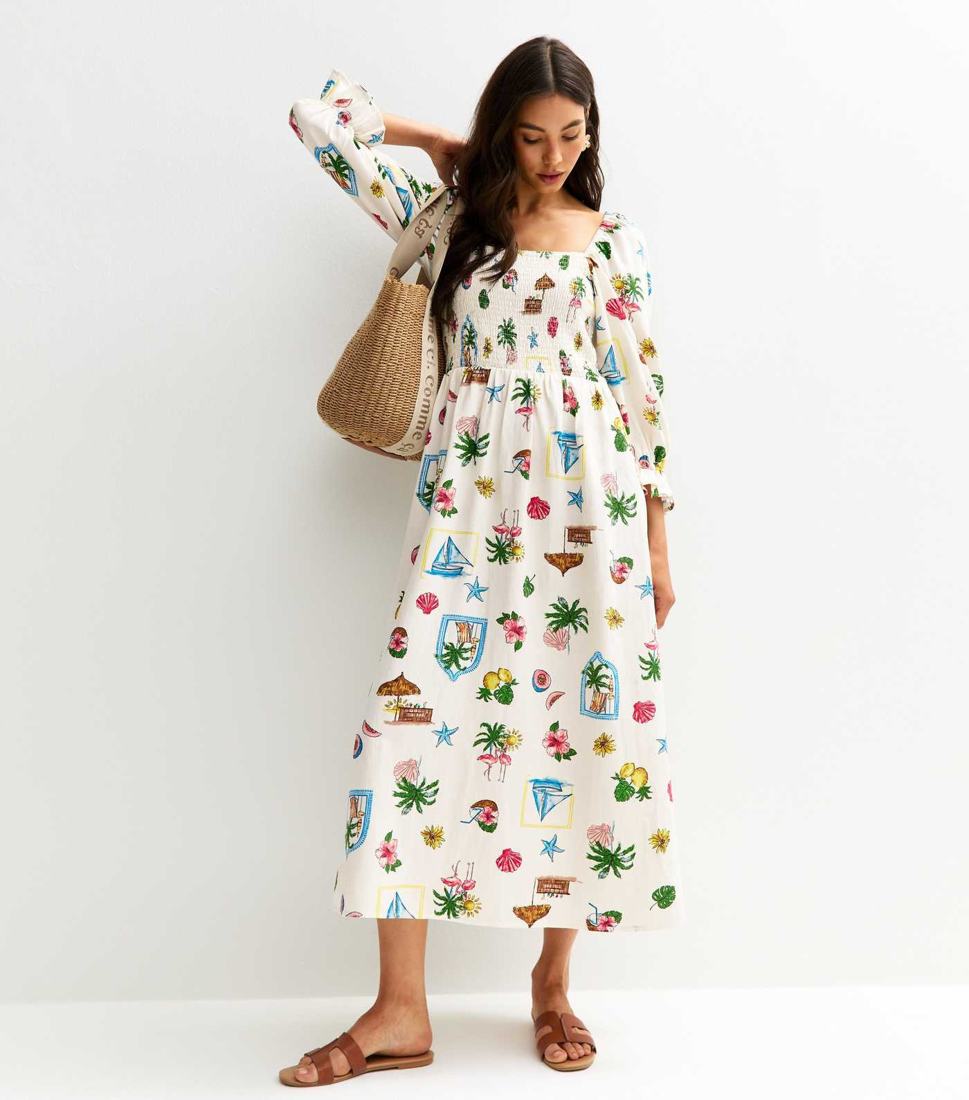 White Tropical Print Puff Sleeve Midi Dress | New Look | New Look (UK)
