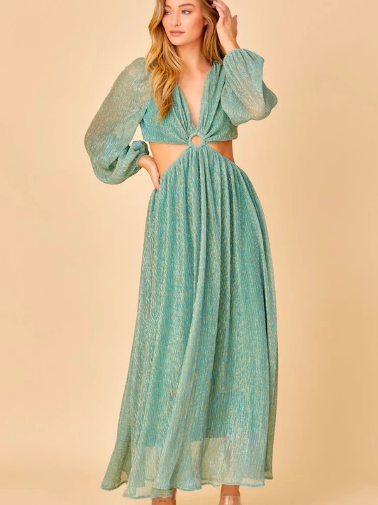 Delphine Teal Plisse Cutout Maxi Dress | Confête