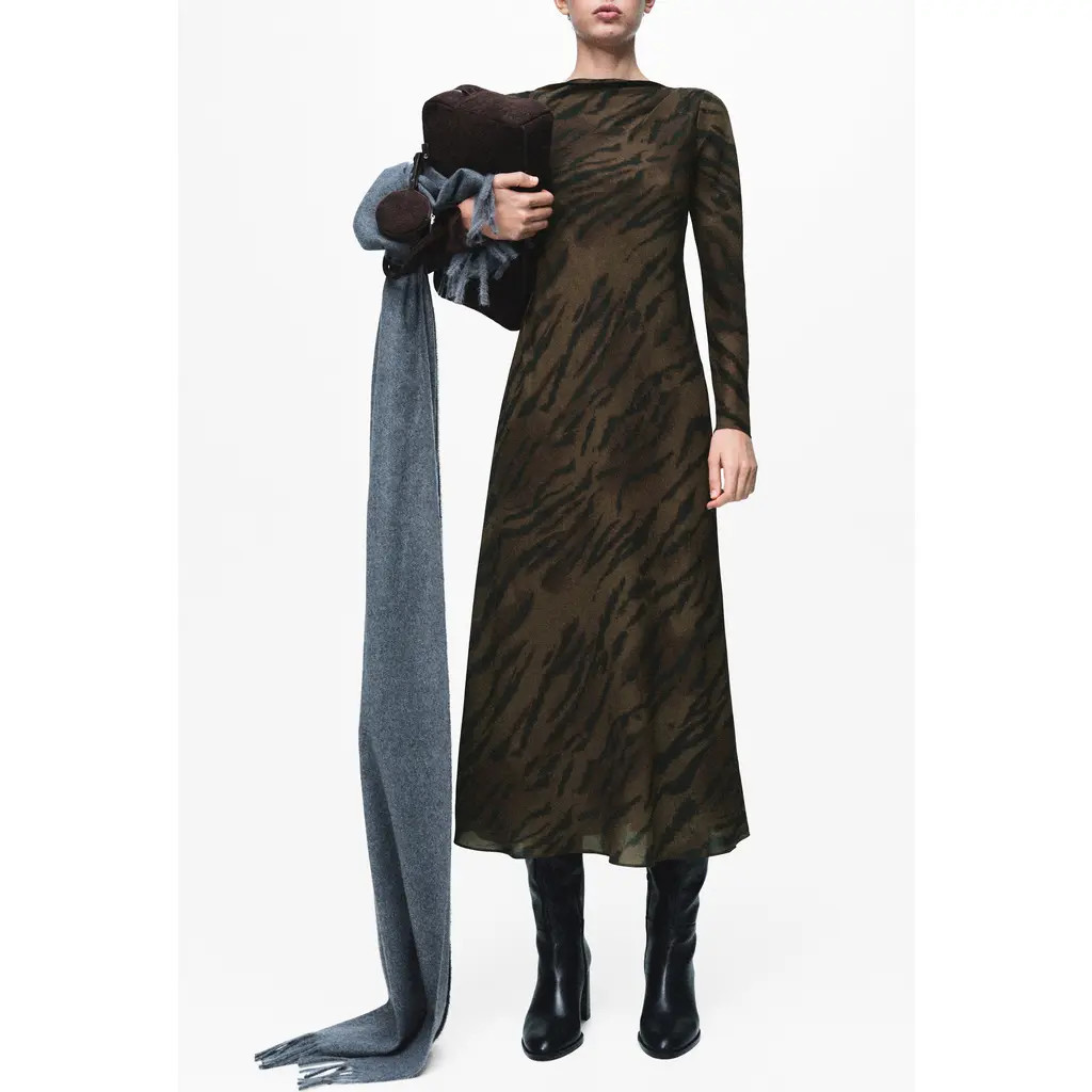 MANGO Satin Animal Print Midi Dress in Brown at Nordstrom, Size 0 | Nordstrom