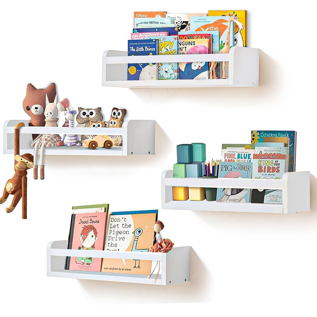 Set of 4 Floating Wall Shelves for Kids Room, Nursery, Bedroom – White Wooden Bookshelves for T... | Amazon (US)