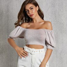 SBetro Off Shoulder Lantern Sleeve Glitter Crop Top | SHEIN