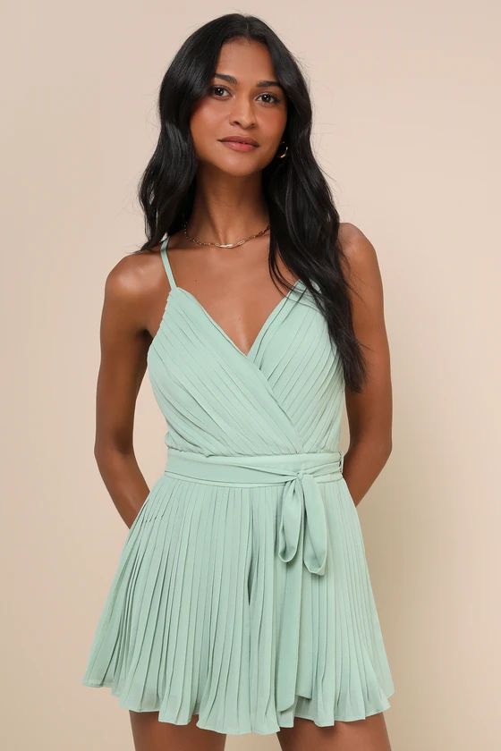 Enticingly Lovely Sage Green Pleated Backless Romper | Lulus