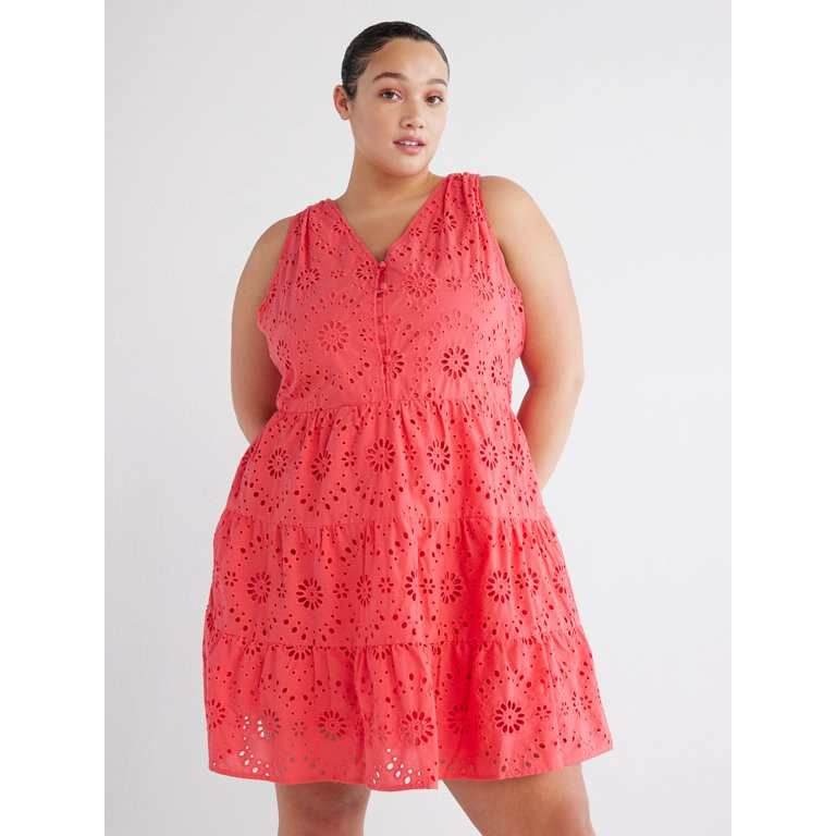 Time and Tru Women's and Women's Plus  Cotton Blend Tiered Eyelet Dress, Sizes XS-4X | Walmart (US)