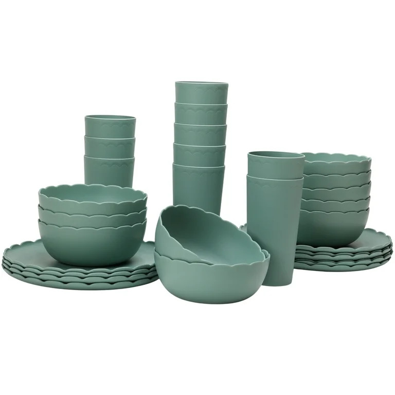 Mainstays 30-Piece Plastic Scalloped Dinnerware Bundle Set, Sage - Walmart.com | Walmart (US)