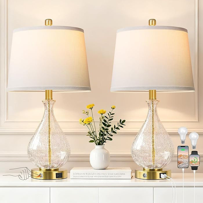 QiMH Juego de 2 lámparas de mesa de cristal para sala de estar, lámparas de noche con puertos d... | Amazon (US)