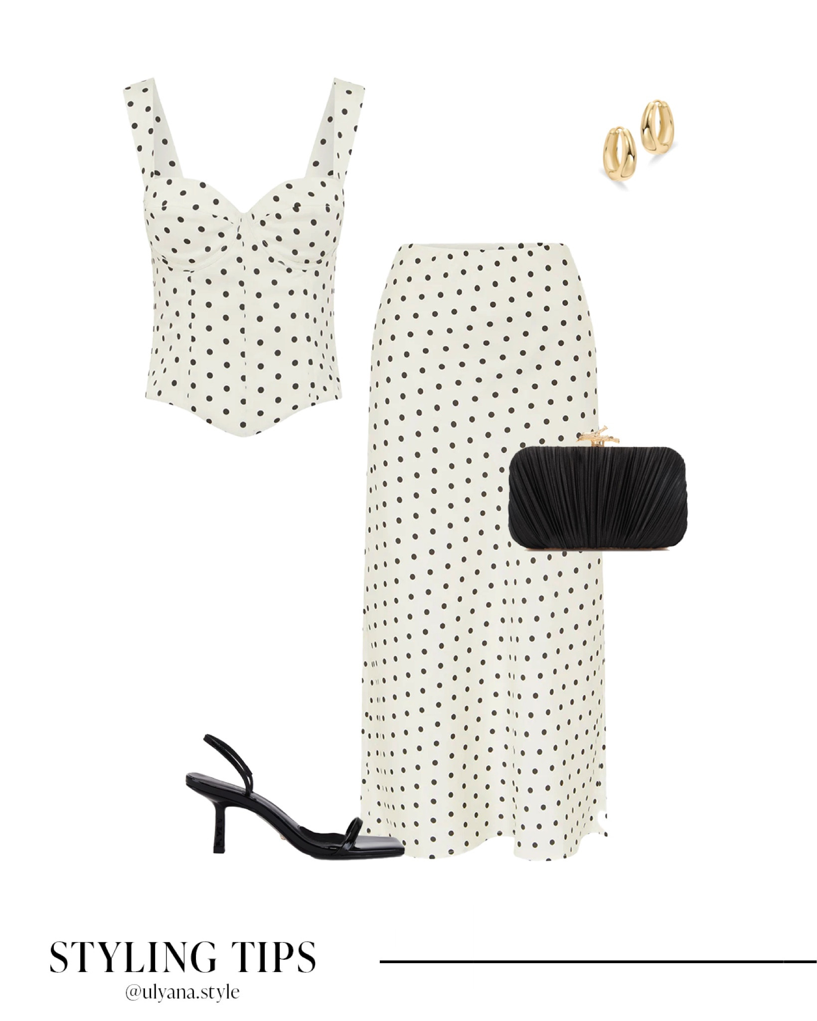 This polka dot midi skirt and matching top paired with black heeled sandals, a clutch bag, and hoop earrings is a perfect for date night outfit or resort dinner look. 
.
.
.
.
.
Date night outfit | skirt outfits | skirt set | long skirt outfits | maxi skirt outfits | midi skirt outfits | satin skirt outfit | date night top | white top | cute tops | corset tops | dressy tops | black heels | black clutch | evening clutch | resort wear | dinner outfit 

#LTKSeasonal #LTKU #LTKSaleAlert #LTKGiftGuide #LTKWorkwear #LTKTravel #LTKShoeCrush #LTKItBag 

#LTKFindsUnder100 #LTKFindsUnder50 #LTKStyleTip