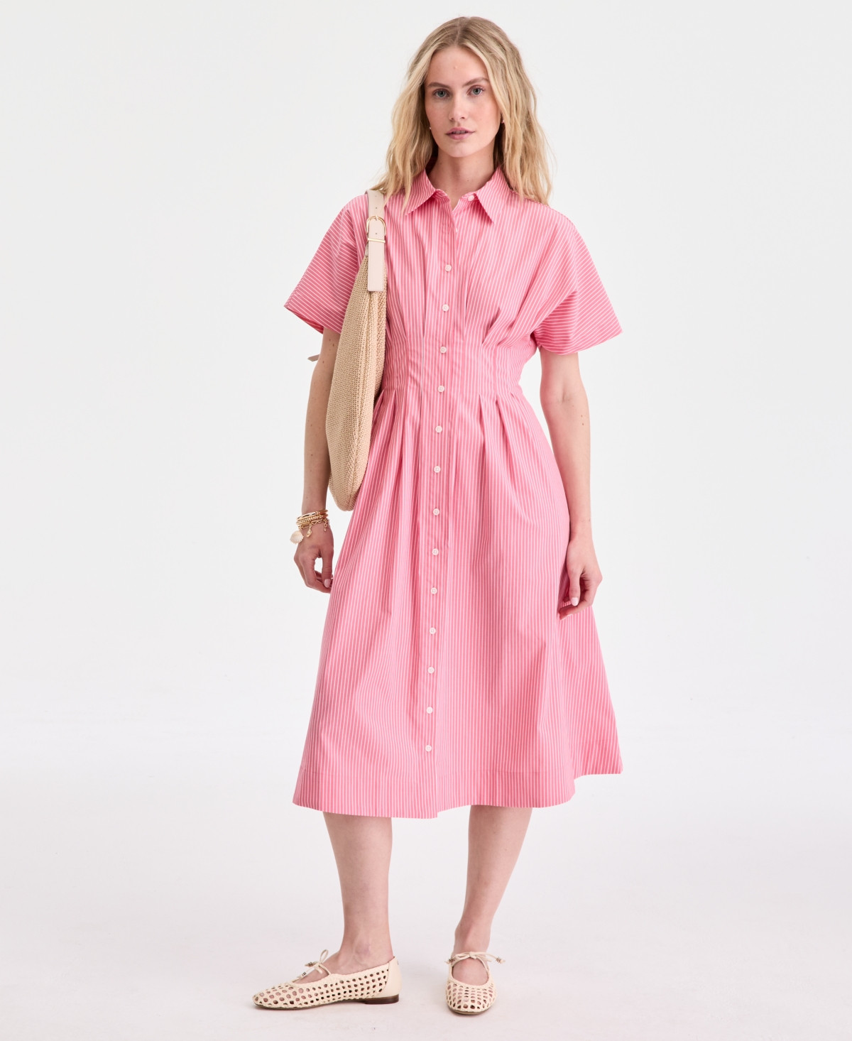 On 34th Women's Pleated Waist Midi Shirtdress, Macy's Exclusive - White Dress Dot | Macy's