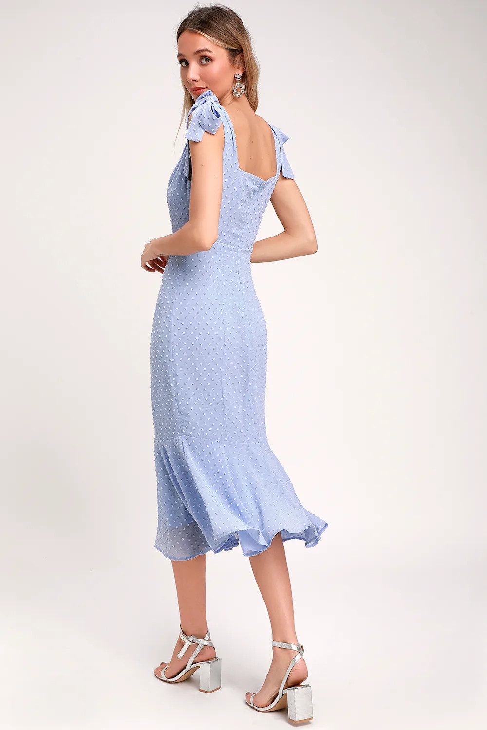 Bimini Periwinkle Blue Swiss Dot Tie-Strap Midi Dress | Lulus (US)