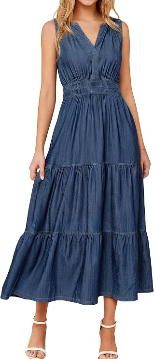 BerryGo Womens Denim Dress Sleeveless Jean Maxi Dress Empire Waist Flowy A Line Cowgirl Country S... | Amazon (US)