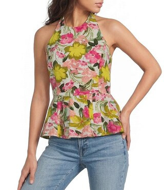 Helen Floral Print Halter Neck Sleeveless Peplum Top | Dillard's