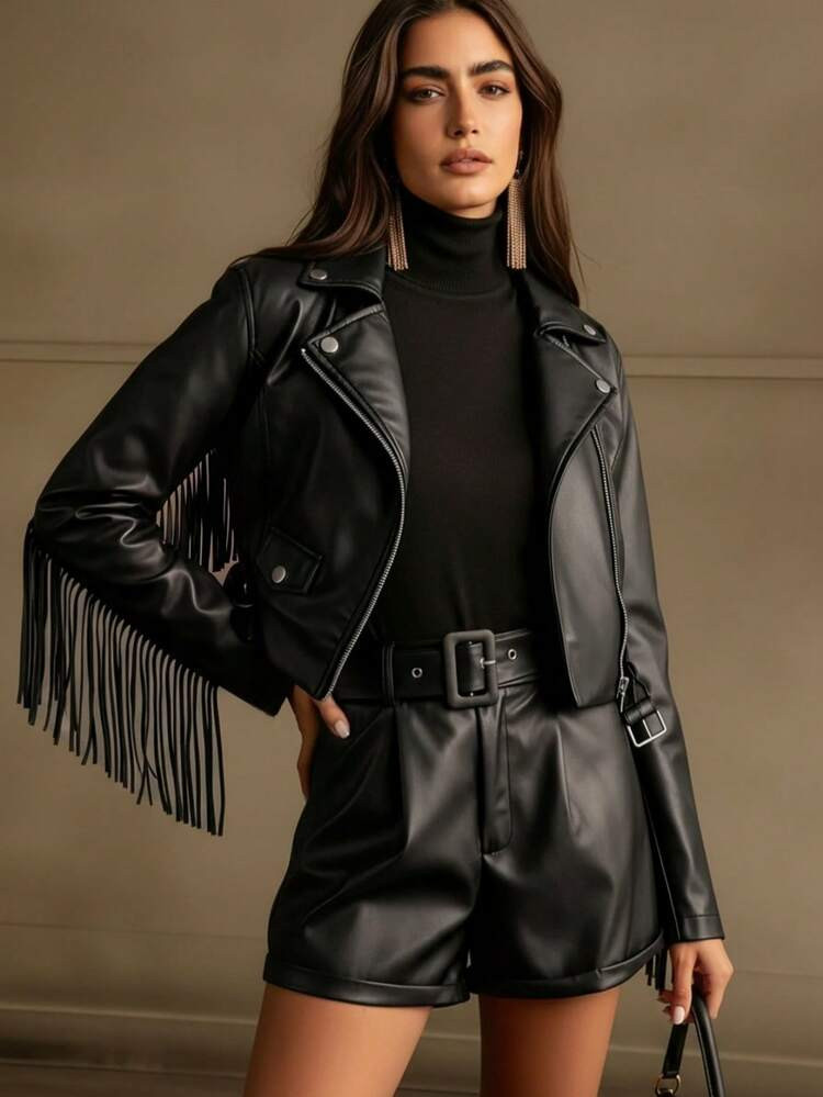 Women's Retro Faux Leather Jacket With Fringe Trim And Belt, Short Style, Suitable For Spring And Autumn Black | SHEIN