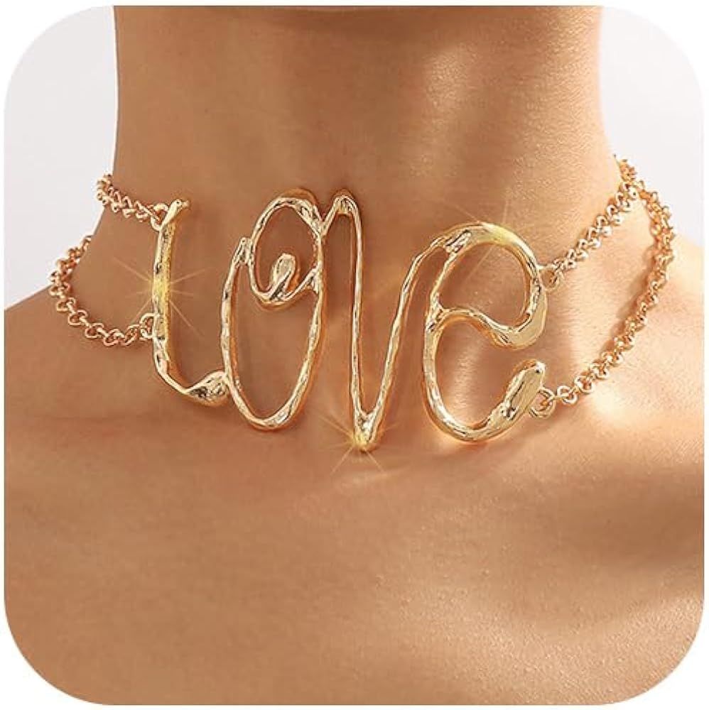 Jovono Choker Necklaces Gold Love Collar Necklace Letter Statement Necklace Chain for Women and G... | Amazon (US)