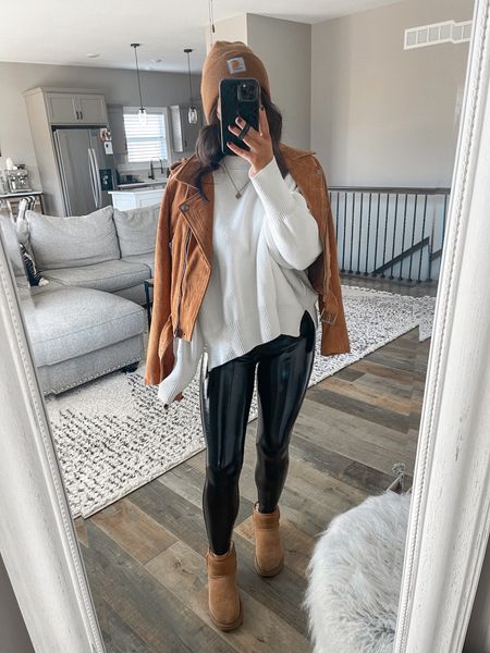 Vacation outfits for cold weather 🖤

Jacket — medium 
Sweater — xs 
Spanx — small petite 

Amazon fashion | amazon finds | amazon must haves | found it on amazon | spanx faux leather leggings | patent leather leggings | ugg mini boots | chestnut Uggs outfit | suede moto jacket | blank nyc jacket | free people sweater | oversized sweater outfit | carhartt beanie 

#LTKstyletip #LTKunder50 #LTKunder100