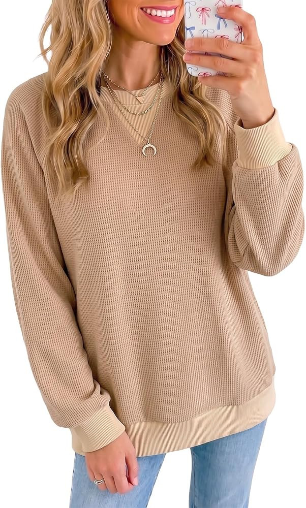 SHEWIN Women Sweaters Waffle Long Sleeves Shirts Tops Crewneck Sweatshirts | Amazon (US)