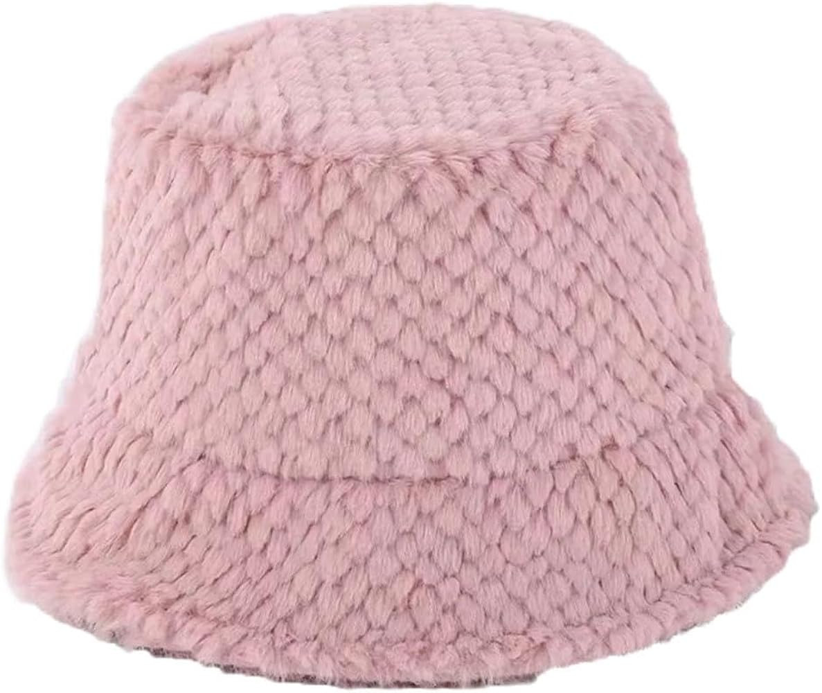 Dcvmvmn Women's Winter Bucket Hat Solid Color Panama Warm Hats Female Faux Fur Fisherman Cap Hats... | Amazon (US)