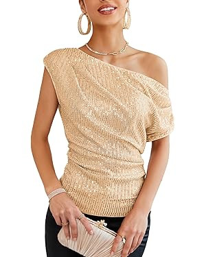 GRACE KARIN One Shoulder Sequin Sparkly Tops for Women Ruched Asymmetrical Glitter Tops Slimming ... | Amazon (US)