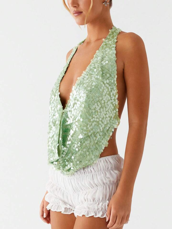 Women Y2k Sequin Halter Top Low Cut Cowl Neck Backless Tank Tops Sparkle Shimmer Camisole Summer Glitter Sleeveless Cami Party Going Out Tops Sexy Club Rave Tops Streetwear | SHEIN