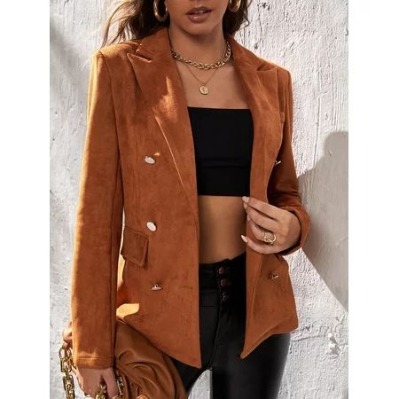 Camel Double Breasted Flap Detail Suede Blazer Elegant S(4) S037E | Walmart (US)