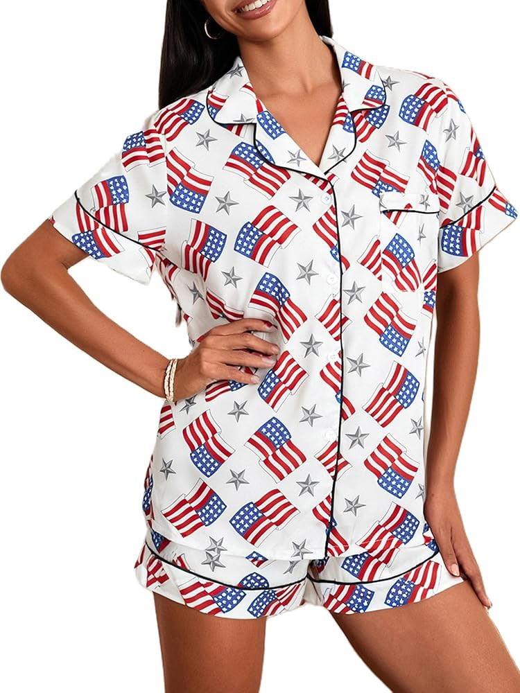 Women 4th Of July Silk Pajama Sets American Flag Short Sleeve Shirt Shorts 2Pcs Independence Day ... | Amazon (US)