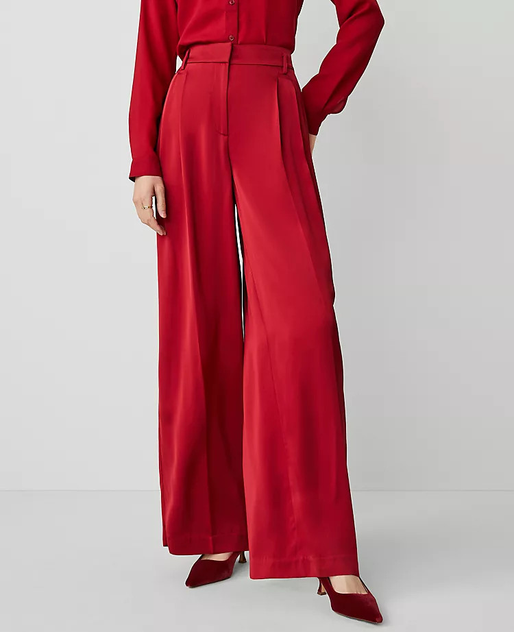 The Petite Dramatic Wide-Leg Satin Pant | Ann Taylor