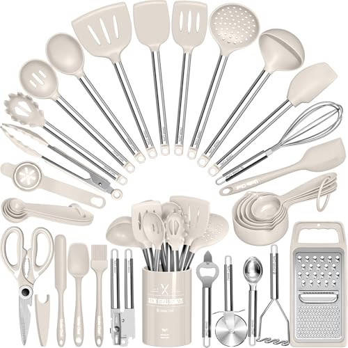 Kitchen Utensils Set-Umite Chef 34 Pcs Silicone Cooking Utensils Set for Nonstick Cookware-Silicone Spatulas Set, Stainless Steel Handle-Khaki Kitchen Gadgets Tools, Pots and Pans Accessories | Amazon (US)