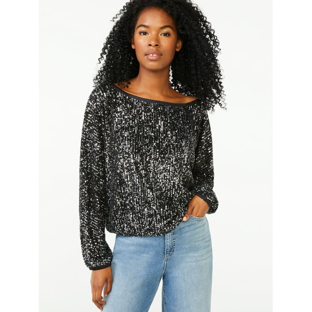 Scoop Women's Wide Neck Sequin Top - Walmart.com | Walmart (US)