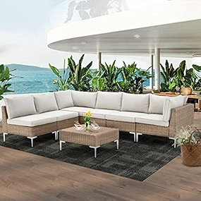 GYUTEI 7 Piece Patio Furniture Set Outdoor Sectional Sofa Conversation Set Half-Round Rattan Wicker  | Amazon (US)