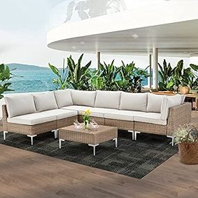 GYUTEI 7 Piece Patio Furniture Set Outdoor Sectional Sofa Conversation Set Half-Round Rattan Wicker  | Amazon (US)
