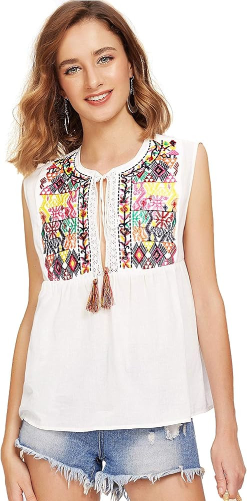 Floerns Women's Ruffle Striped Mexican Embroidered Babydoll Blouse Top | Amazon (US)
