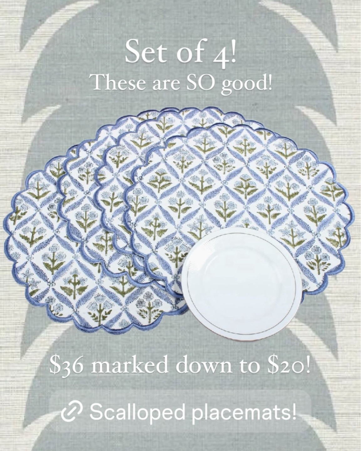 Scalloped placemats! These Amazon block print placemats are so pretty! This is an amazing deal! 

#amazon #amazonfinds #amazonhome home decor, tablescape, Amazon finds, Fireplace screen, sisal rug for living room or entryway, gold picture frame, book shelf styling, mantle styling, coffee table styling, orchid, ginger jar, gourd lamps, fall decor, greenery, fall stems, artwork, abstract art, rattan vase, rattan jar, shatterproof cups, ruffle couch, pleated couch, elephant side table, sconces, floor lamp, fringe chair, traditional, grandmillennial, my trad home, the broke Brooke, wayfair finds, classic finds, classic home, tablescape, bedroom, living room, rugs , favorite home finds, kitchen 

#LTKHome #LTKxPrimeDay