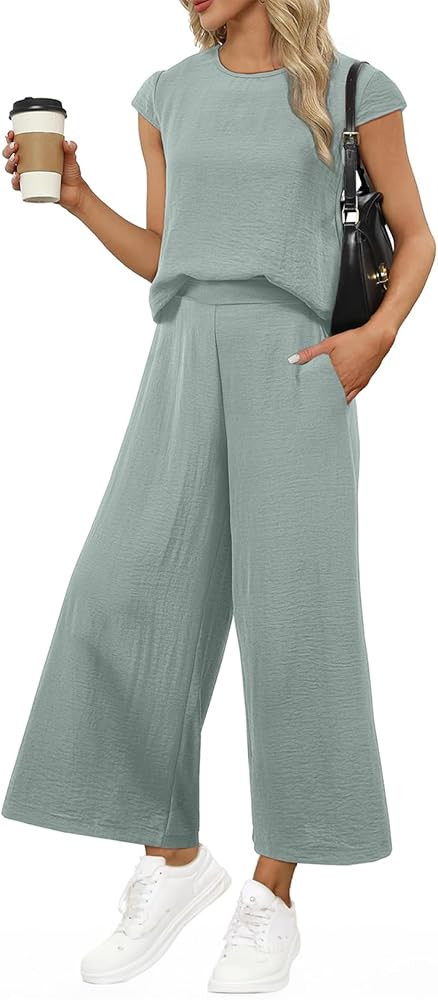 EVALESS Women's Summer 2 Piece Outfits Fashion 2025 Cap Sleeve Top and Wide Leg Pants Matching Se... | Amazon (US)