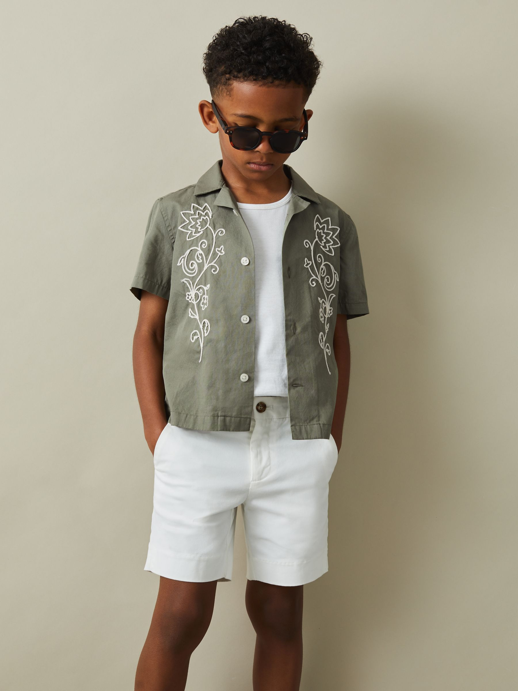 9-13 yrs Cotton Embroidered Cuban Collar Shirt in Sage/Off White | Reiss UK