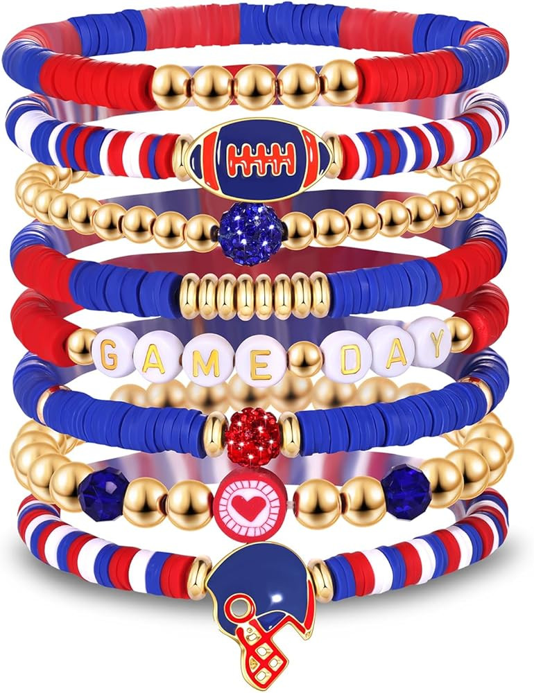 Game Day Bracelets for Women Football Bracelets Red Black Blue Heishi Clay Beaded Stretch Bracele... | Amazon (US)