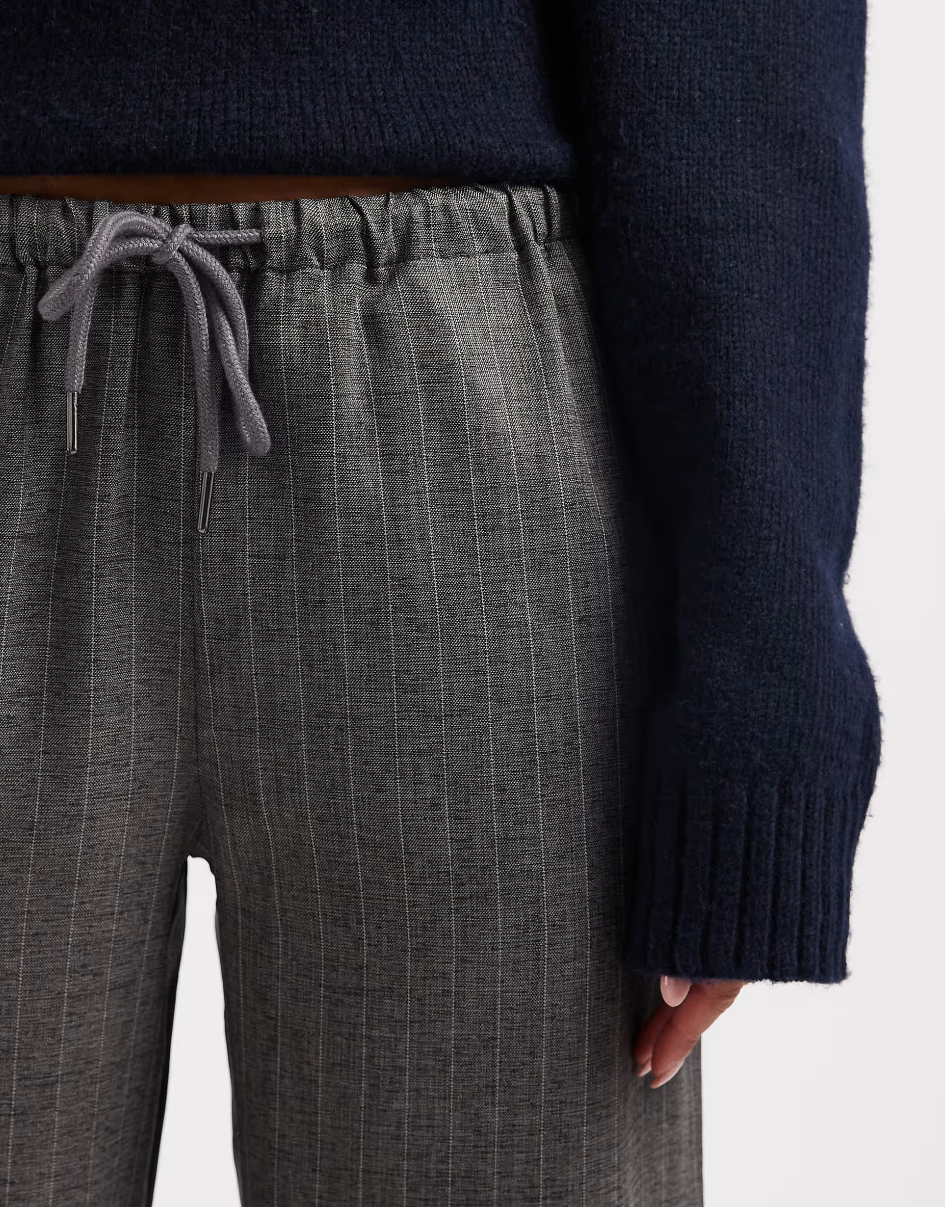 Vero Moda drawstring waist wide leg dad pants in gray heather pinstripe | ASOS (Global)