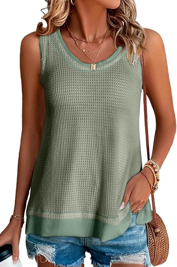 BLENCOT Women's Tops Waffle Knit Summer Tank Tops Casual Scoop Neck Sleeveless Loose Tunic Shirts | Amazon (US)