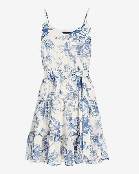 Floral V-Neck Tie Waist Tiered Trapeze Dress | Express