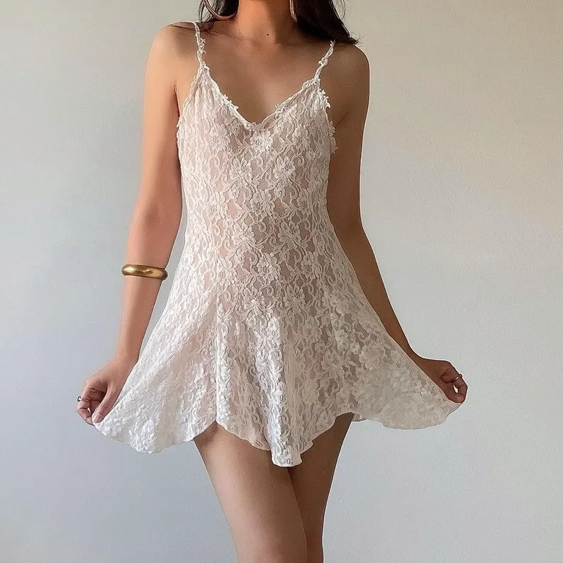 Vintage White Lace Mini Dress M-L - Etsy | Etsy (US)