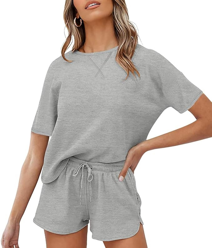ZESICA Women's Waffle Knit Pajama Set Short Sleeve Top and Shorts Loungewear Athletic Tracksuits ... | Amazon (US)