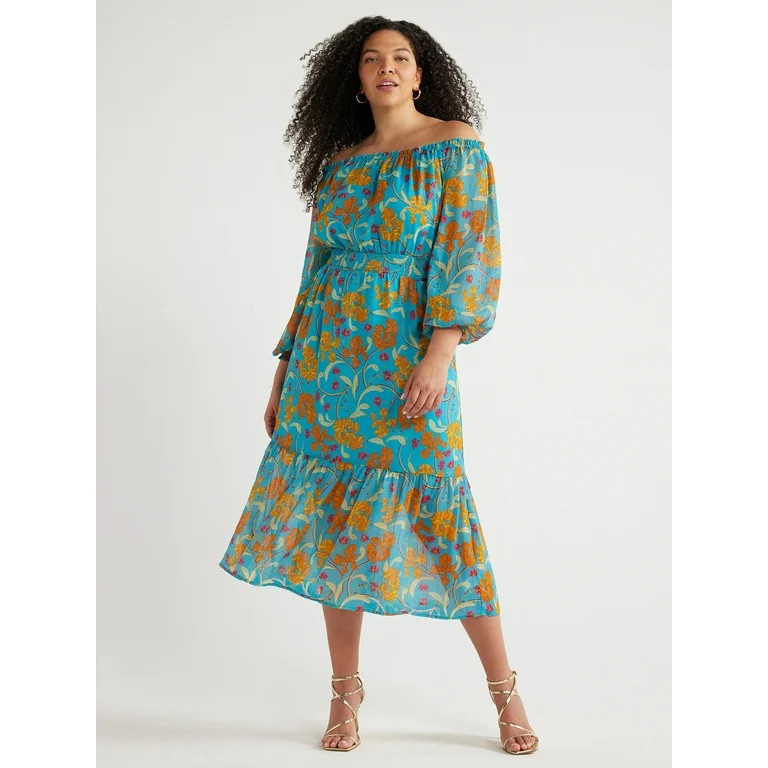 Sofia Jeans Women's and Women's Plus Off the Shoulder Dress with Blouson Sleeves, Sizes XS-5X | Walmart (US)