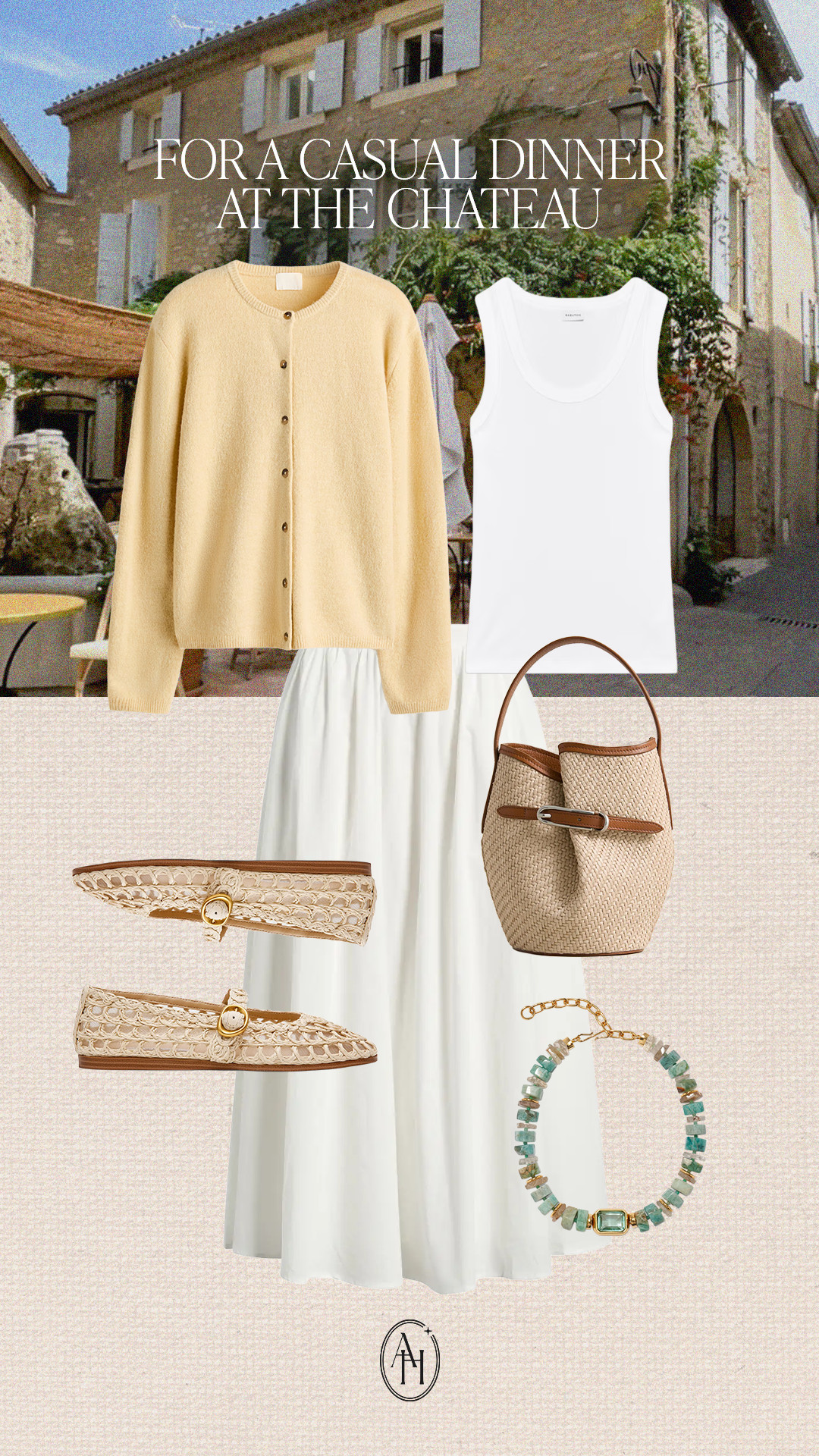 A white midi skirt, ribbed white tank, yellow cardigan and mesh loafers with the cutest accessories.  

 #LTKootd #LTKSeasonal

#LTKtravel