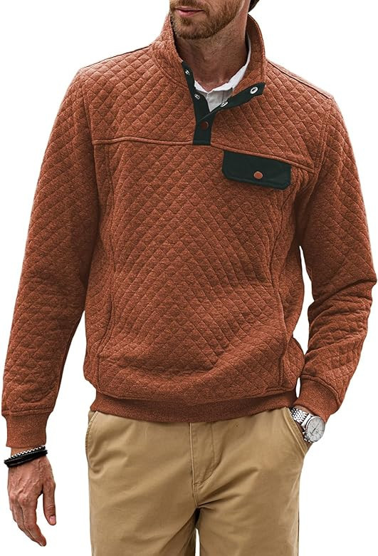 JMIERR Men's Quilted Sweatshirt Casual Long Sleeve Outdoor Stand Collar Button Pullover Sweatshir... | Amazon (US)