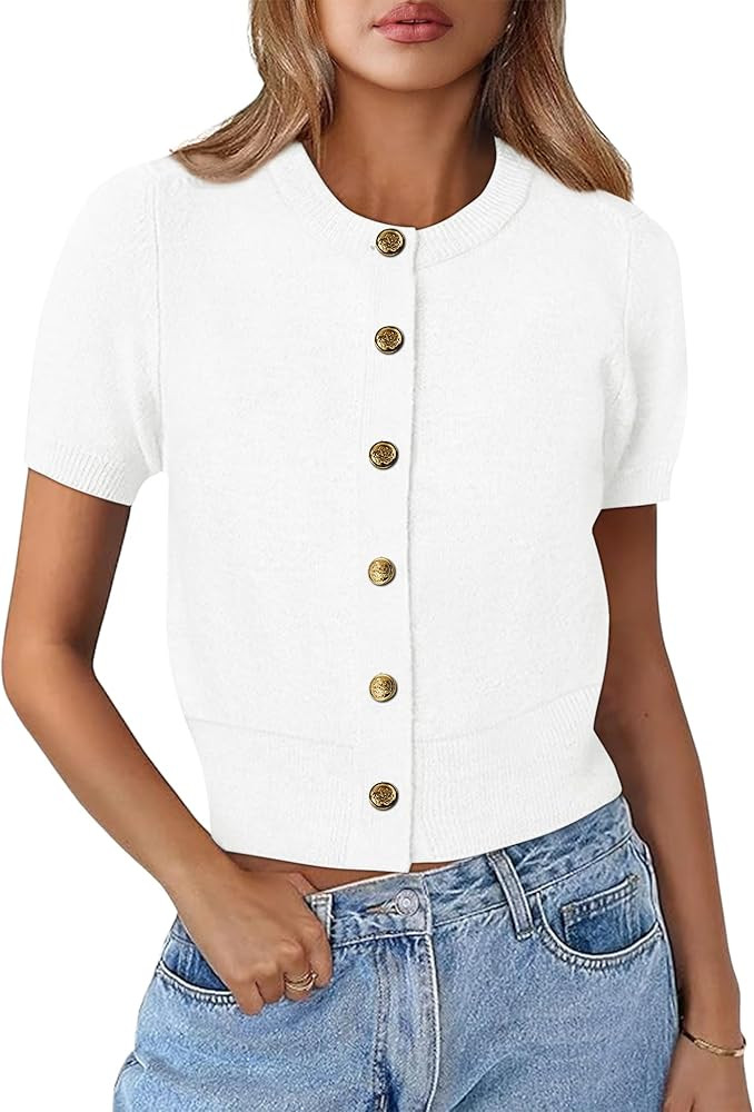 Kistore Womens Summer Casual Short Sleeve Sweater Cardigan Button Down Crew Neck Knitted Crop Car... | Amazon (US)