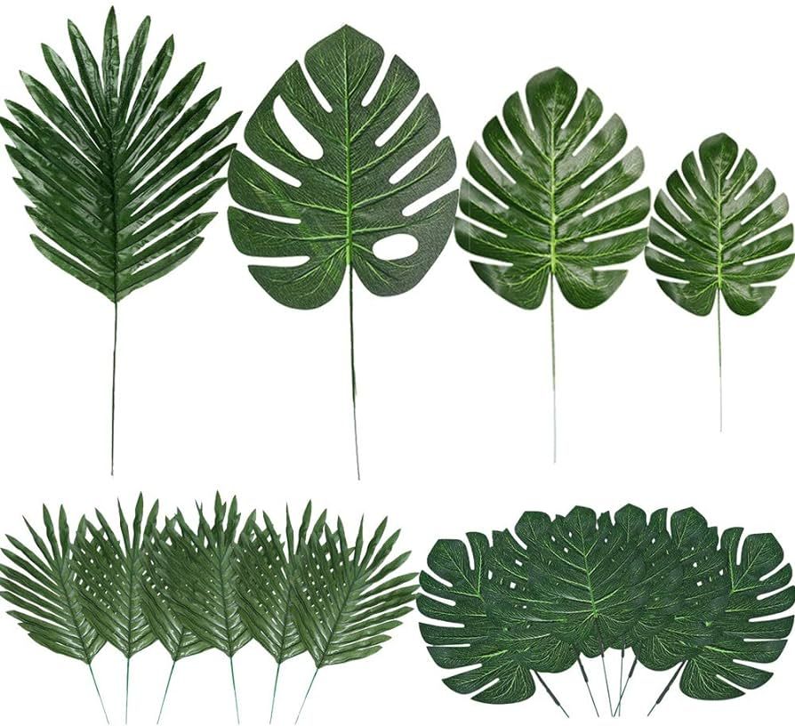 60 Pieces 4 Kinds Artificial Palm Leaves with Faux Stems Tropical Plant Leaves Monstera Leaves Sa... | Amazon (US)