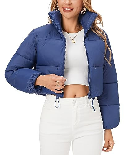 Fuinloth Women's Puffer Jacket, High Stand Collar Zip Pocket Crop Long Sleeve Coat Navy Blue Small | Amazon (US)