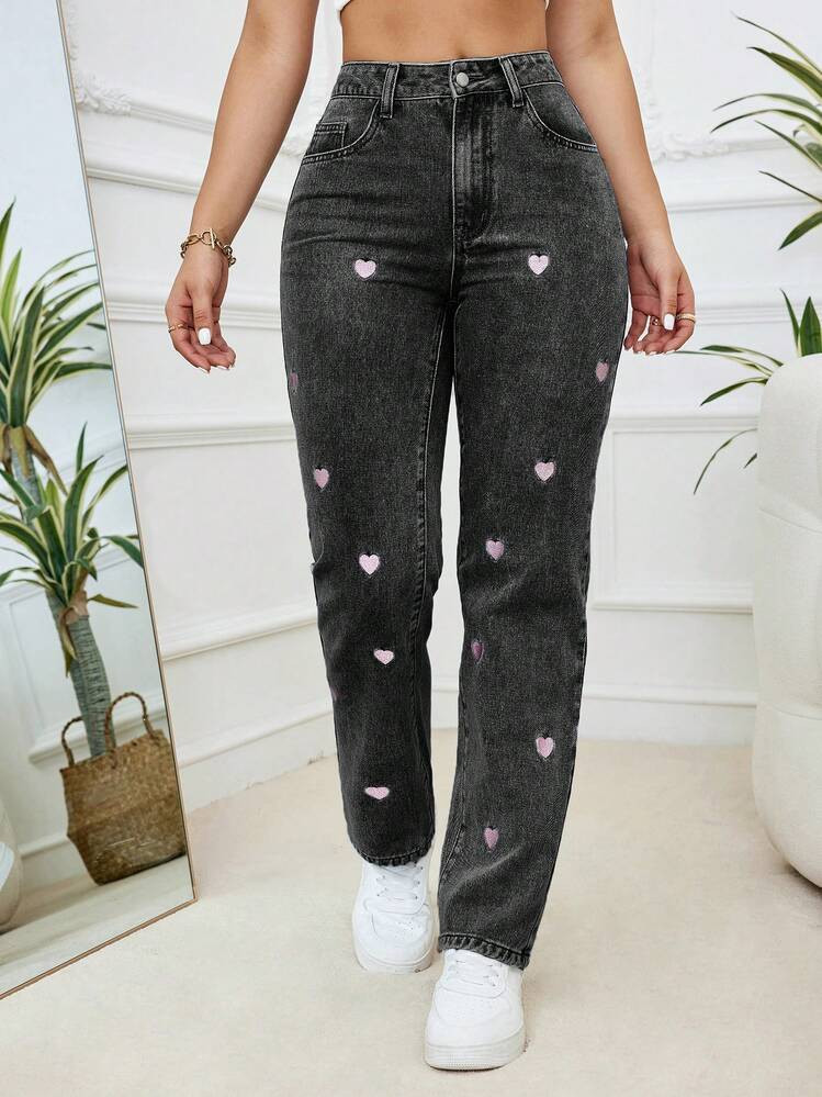 Women's Casual Blue Low Stretch Snowflake Denim Pants With Pink Heart Embroidery Decoration | SHEIN