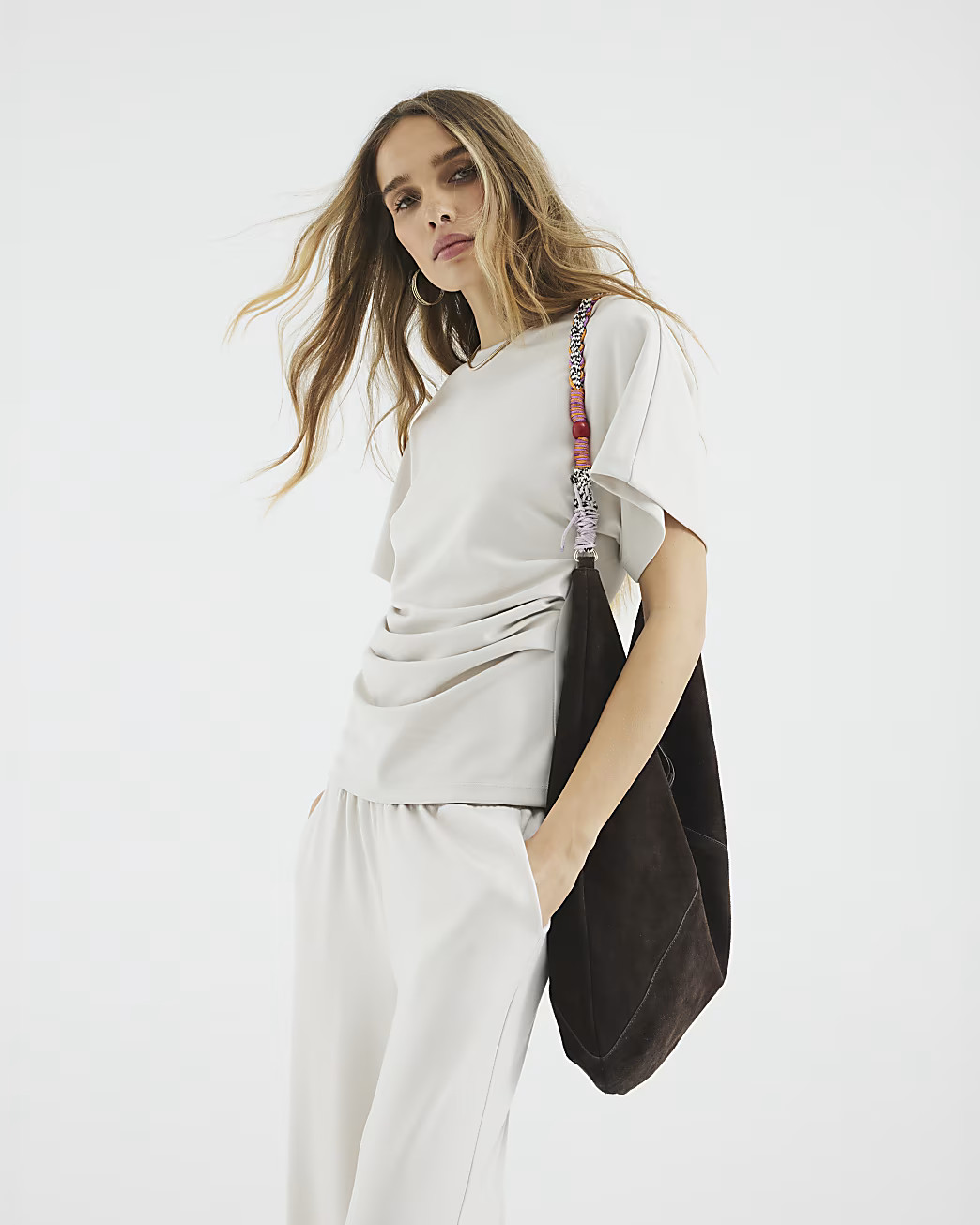 Cream Premium Short Sleeve Ruched T-shirt | River Island UK & IE